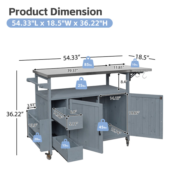 English Elm 54.33" Farmhouse Outdoor Kitchen Cart Solid Fir Frame Steel Top Storage Bbq Prep N767P379702C