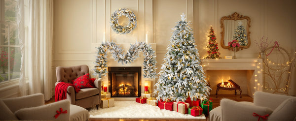 English Elm Christmas Snow Flocked Wreath Set with 9ft Garland & 6ft Tree, Warm LED Lights, 3-Piece Indoor Decor (100) PX283313AAW