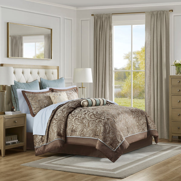 English Elm 12 Piece Comforter Set - Luxurious Blue & Taupe Bedding With Cotton Sheets For Queen Size Beds B035128822