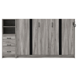 English Elm Twin Murphy Bed with Drawers & LED Light — Space-Saving Gray Cabinet Bed, Solid MDF/Pine, 800lb Capacity N709P002049D