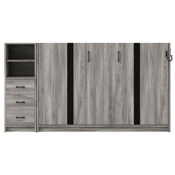 English Elm Twin Murphy Bed with Drawers & LED Light — Space-Saving Gray Cabinet Bed, Solid MDF/Pine, 800lb Capacity N709P002049D