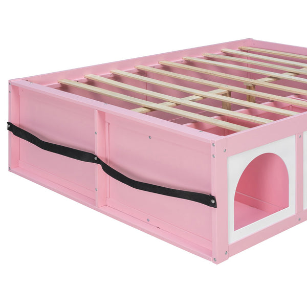 English Elm Full Size Kids Platform Bed with Led Lighting Bookshelf Display Cabinet and Storage Drawer Pink+White N820S00077H
