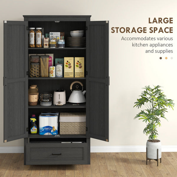 English Elm HOMCOM 67" Freestanding Kitchen Pantry Cabinet with 4 Doors, 6-Tier Adjustable Shelves, Rustic Charm Black W2225P249925