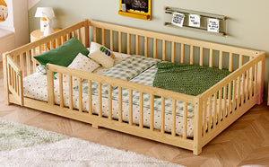 English Elm Full Floor Bed with Safety Guardrails and Play Door for Kids, Low Profile Pine Frame, 550lb Capacity Natural W1580P338952