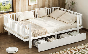 English Elm Full Size Metal Platform Storage Bed Low Profile Steel Frame with Built-in Drawers Light White W5305P471351