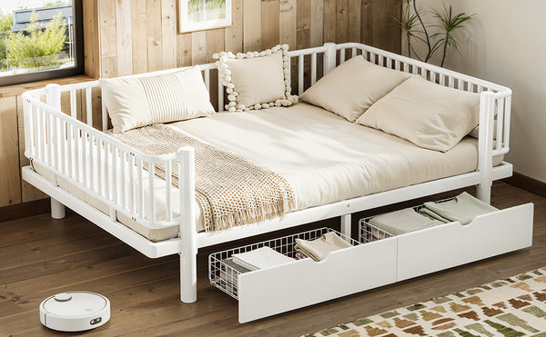 English Elm Full Size Metal Platform Storage Bed Low Profile Steel Frame with Built-in Drawers Light White W5305P471351