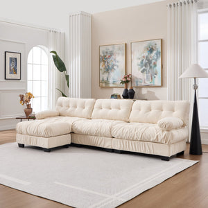 English Elm Modular Cloud Sectional Sofa Flannelette Deep Seat L Shape with Movable Ottoman Beige W2120S00037