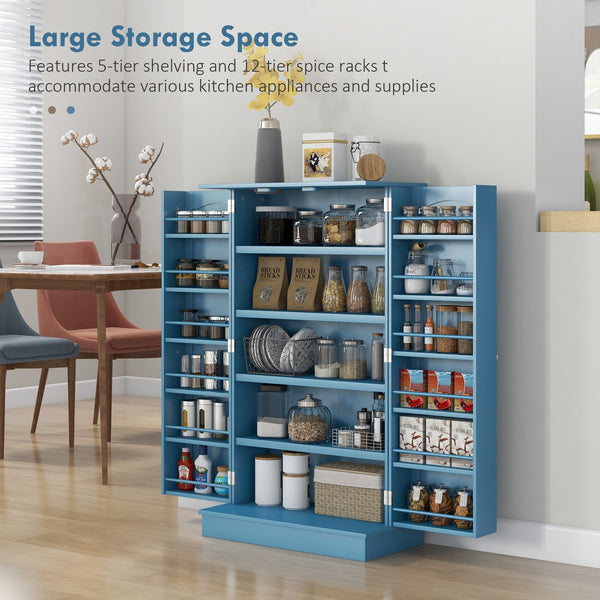 English Elm HOMCOM 41" Kitchen Pantry Storage Cabinet with 5-Tier Shelves, 12 Door Racks, Anti-Tip Straps, Sleek Design Blue W2225P229099