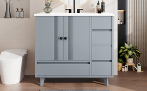English Elm 36" Freestanding Bathroom Vanity Solid Wood Cabinet Ceramic Basin Four Drawers White W1580P382509