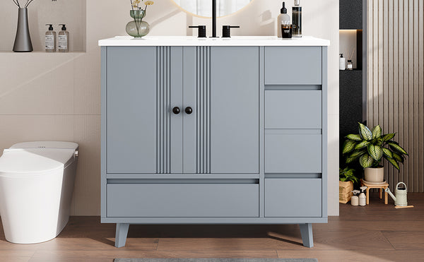 English Elm 36" Freestanding Bathroom Vanity Solid Wood Cabinet Ceramic Basin Four Drawers White W1580P382509