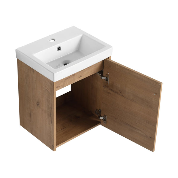 English Elm 18'' Floating Wall-Mounted Bathroom Vanity with Ceramic Sink, Soft-Close Door & Space-Saving Design Imitative Oak W999P236339