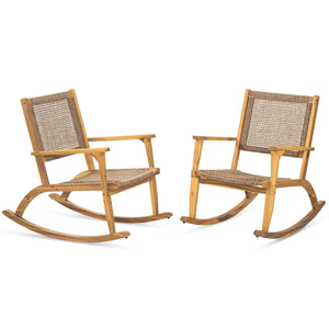 English Elm Go Acacia Wood Outdoor Rocking Chair Set Two Pe Wicker Seats for Patio Porch Natural N704P245214A