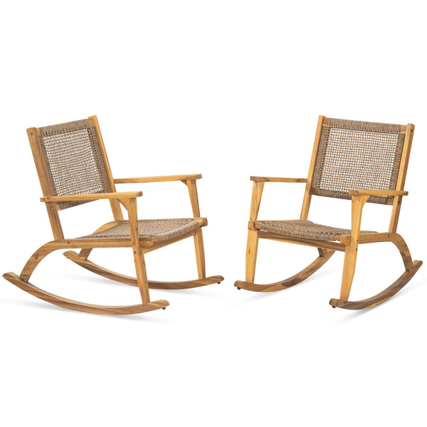 English Elm Go Acacia Wood Outdoor Rocking Chair Set Two Pe Wicker Seats for Patio Porch Natural N704P245214A