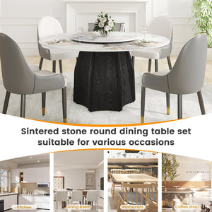 English Elm 59.05" Round Marble Dining Table With Lazy Susan, Black Oak Base, Seats 6-8, Elegant & Durable Design W1535S00460