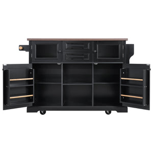 English Elm K&K 54.9" Farmhouse Kitchen Island Cart with Drop Leaf, Charging Station, Barn Doors & Glass Pane Black N707P300277B