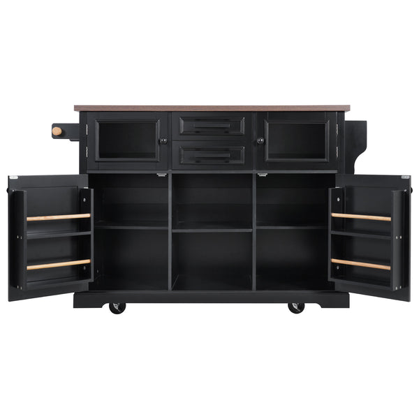 English Elm K&K 54.9" Farmhouse Kitchen Island Cart with Drop Leaf, Charging Station, Barn Doors & Glass Pane Black N707P300277B