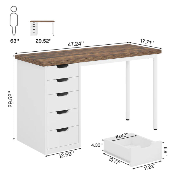 English Elm Classic Five Drawer Writing Desk with Round Metal Legs and White Engineered Wood Top T3971P453625