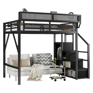 English Elm Full Size Loft Bed With Stairs And Storage Shelves – Stylish Black Metal High Loft Bed For Kids & Teens W2580S00037