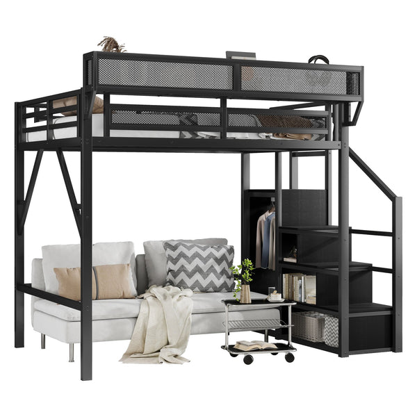 English Elm Full Size Loft Bed With Stairs And Storage Shelves – Stylish Black Metal High Loft Bed For Kids & Teens W2580S00037