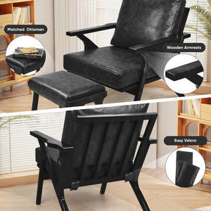 English Elm Mid-Century PU Leather Accent Chair with Ottoman — Ergonomic Thick Upholstery, Flared Legs, Durable Comfort Black T3950P397487