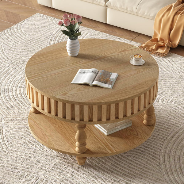English Elm Farmhouse Fluted Square Coffee Table with Flip Top Hidden Compartment and Open Shelf Natural Wood W1445P370481