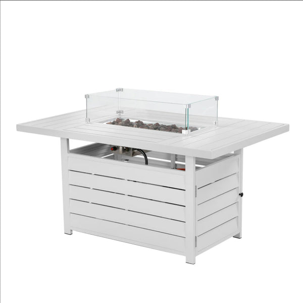 English Elm 54.3 Inch Aluminum Rectangular Propane Fire Table with Convertible Lid for Patio White B082S00070