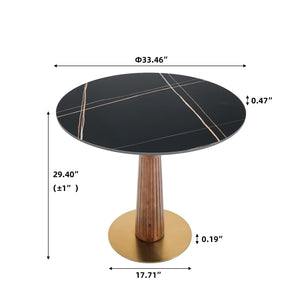English Elm Modern Round Dining Table - 33.5" Sintered Stone With Wooden Legs & Gold Base For Small Spaces W1535S00569