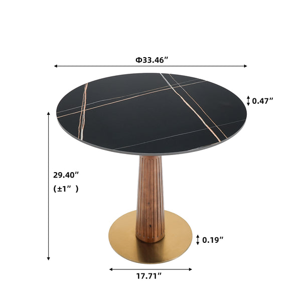 English Elm Modern Round Dining Table - 33.5" Sintered Stone With Wooden Legs & Gold Base For Small Spaces W1535S00569