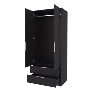 English Elm Forest 2 Door Wardrobe with Hanging Rod & 2 Drawers, Wengue — Compact Melamine Storage with Metal Handles, 74.4"H x 31.5"W x 20.5"D B128S00176