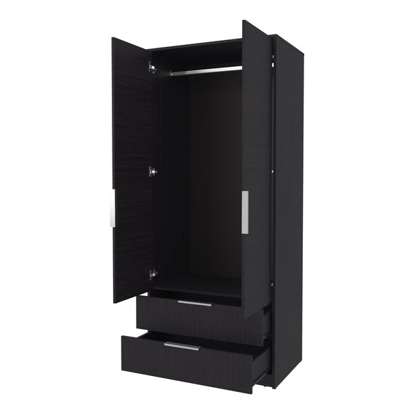 English Elm Forest 2 Door Wardrobe with Hanging Rod & 2 Drawers, Wengue — Compact Melamine Storage with Metal Handles, 74.4"H x 31.5"W x 20.5"D B128S00176