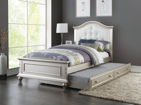 English Elm Contemporary Twin Bed with Trundle and Tufted Upholstered Headboard, Sturdy Slats, Kids Bedroom Furniture Silver,White 83 L x 12 W x 9 H B011S02034