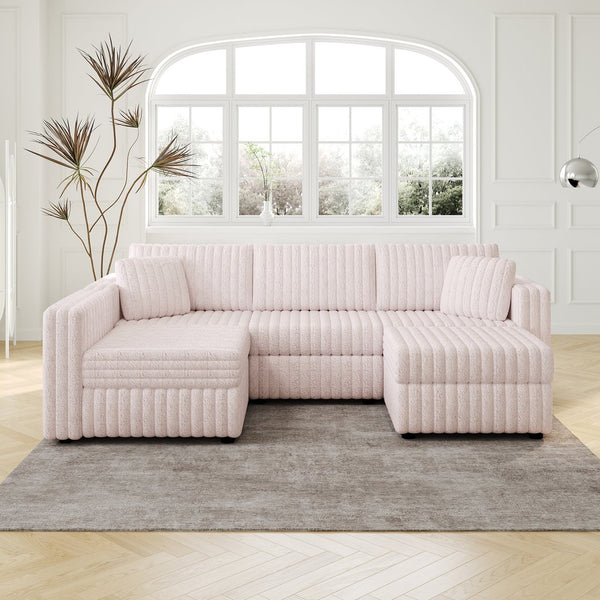 English Elm 106.3" Soft U-Shaped Sofa For 4 - Stylish Light Pink Modular Design With Hidden Storage & Washable Cushions W1767S00021