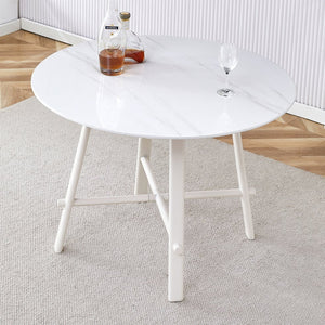 English Elm A modern minimalist circular dining table 42" white patterned MDF top, metal legs, seats 4-6, easy assemble W1151P152778
