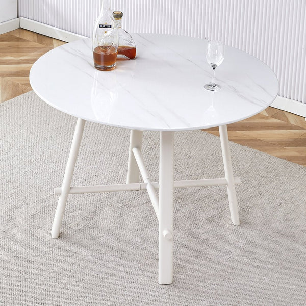 English Elm A modern minimalist circular dining table 42" white patterned MDF top, metal legs, seats 4-6, easy assemble W1151P152778