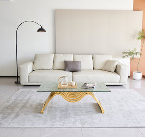 English Elm 47" Rectangle Modern Coffee Table With Ripple Glass Top, Gold Stainless Steel Frame, Easy Assembly W2978S00015