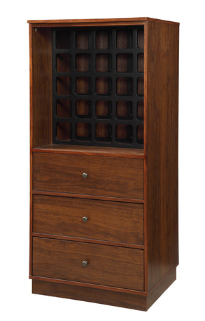 English Elm Wiesta Wiest a Walnut Finish Wine Cabinet with 25-Bottle Rack, 3 Drawers, MDF Veneer, Free-Standing Elegance B2726P281467