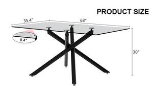 English Elm Large Tempered Glass Rectangular Dining Table Seats Six with Matte Black Metal Frame W1151S04538