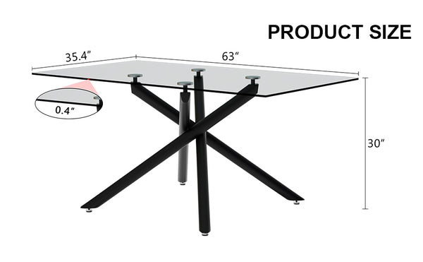 English Elm Large Tempered Glass Rectangular Dining Table Seats Six with Matte Black Metal Frame W1151S04538