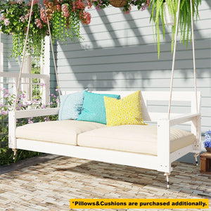 English Elm TOPMAX Acacia Wood Twin Porch Swing Bed Frame with High Back, 350lb Capacity & 118" Hemp Ropes White N717P265795K