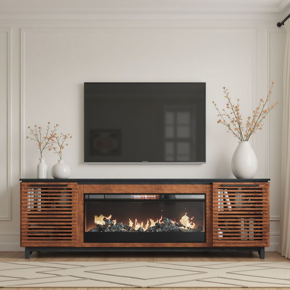 English Elm 86 Inch Electric Fireplace TV Stand Console for TVs up to 95", Two-Tone Bourbon & Black, Storage & Remote Controlled Heat B108P160228