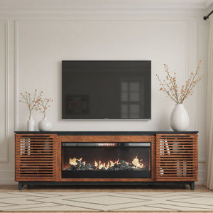 English Elm 86 Inch Electric Fireplace TV Stand Console for TVs up to 95", Two-Tone Bourbon & Black, Storage & Remote Controlled Heat B108P160228