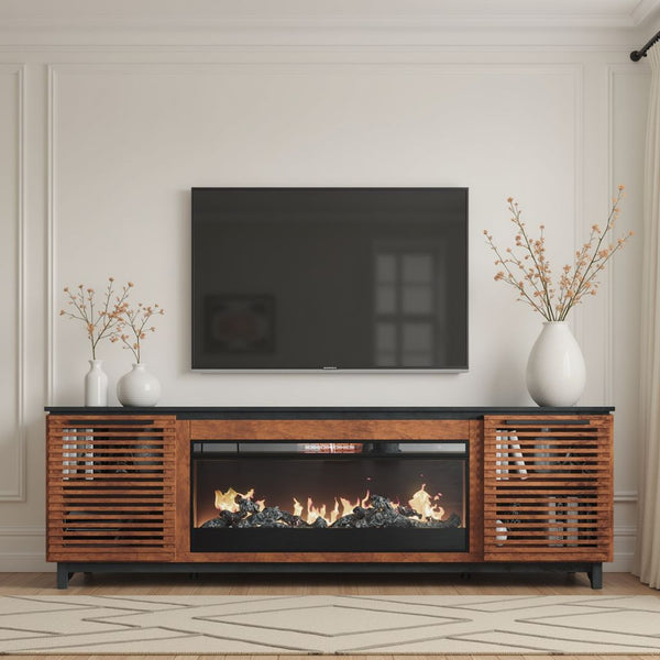 English Elm 86 Inch Electric Fireplace TV Stand Console for TVs up to 95", Two-Tone Bourbon & Black, Storage & Remote Controlled Heat B108P160228