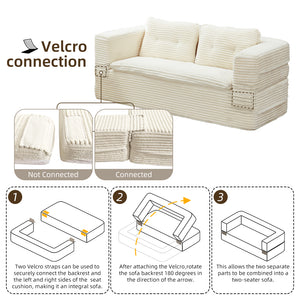 English Elm Multi Purpose Corduroy Sectional with Chaise Converts to King Floor Bed Deep Seat Beige W3219S00005