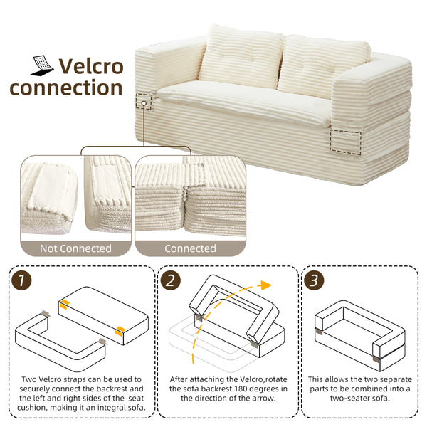 English Elm Multi Purpose Corduroy Sectional with Chaise Converts to King Floor Bed Deep Seat Beige W3219S00005