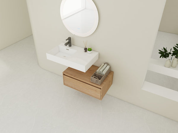 English Elm 30 Inch Wall-Mounted Bathroom Vanity With Resin Sink, Soft Close Drawer & Modern Oak Finish W999S00257