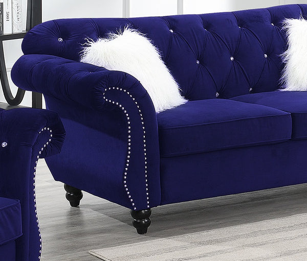 English Elm 2pc Indigo Velvet Sofa Set 2pc Living Room Crystal Tufted Upholstered Couch Loveseat with Nailhead Trim B011S01699
