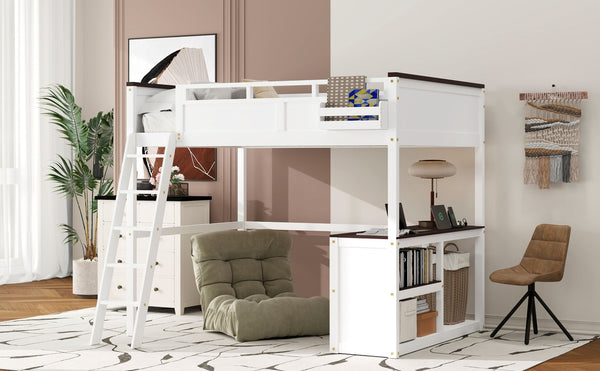 English Elm Queen Size Loft Bed With Desk, Usb Charging, Storage Box & Open Shelves For Organized Living Space N7090005002W-GIGA