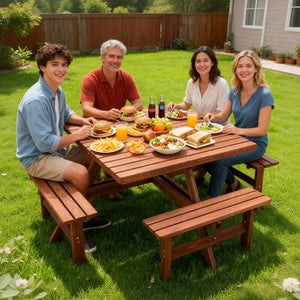 English Elm 8-person Square Wood Picnic Table with Umbrella Hole Reinforced Outdoor Dining Set W1422P392906