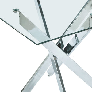 English Elm Dining Table Square Tempered Glass Top Cross Metal Base Modern Space Saving Design W234P235266