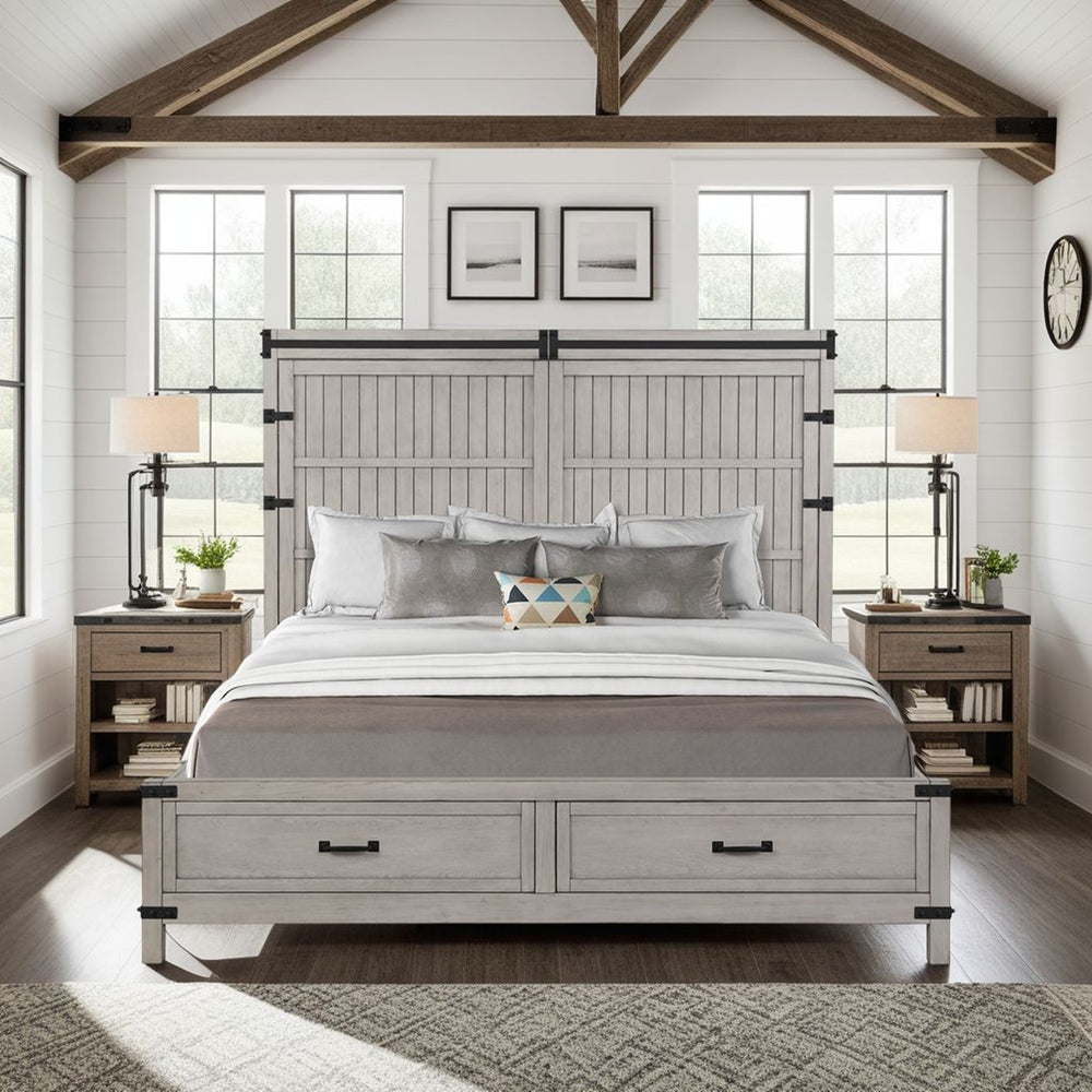 English Elm Alexandria King Storage Bed with USB Ports, Plank Inlay & 2 Drawers, Mountain Mist Rustic Chic B108S00031